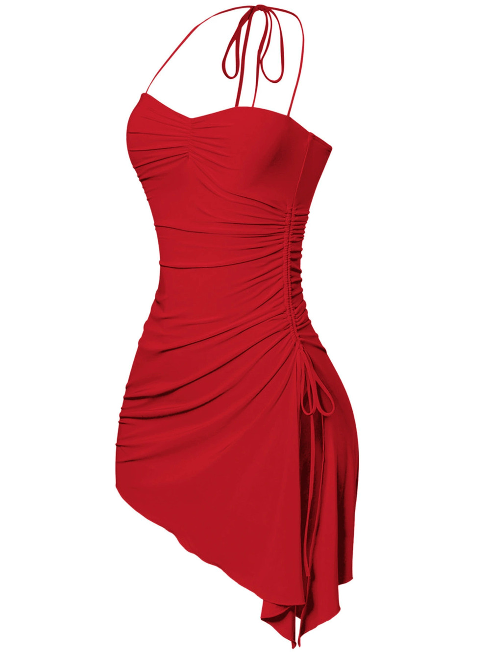 ZARA Sexy Halter Neck Drawstring Ruffled Bodycon Mini Dress Side Slit Asymmetric